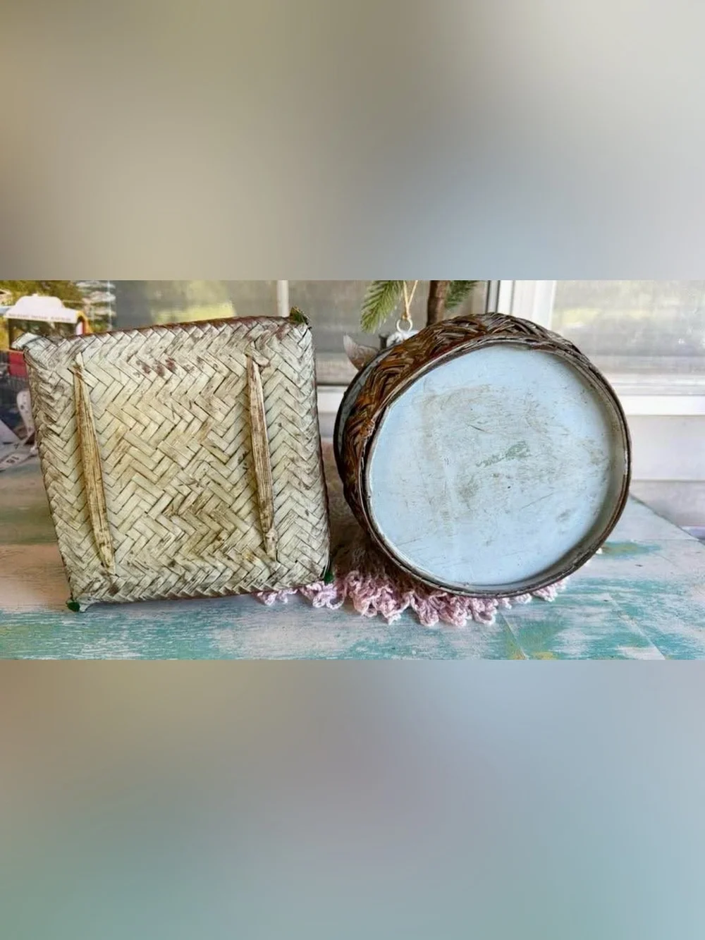 Set of 2 Distressed Woven Wicker Baskets Round and Square 7x5 Lidded Bombay